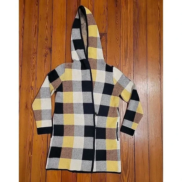 Cabi Sweater Coat Toggle Jacket Yellow Blue Ivory Plaid Check Hooded Size Medium - Picture 1 of 10